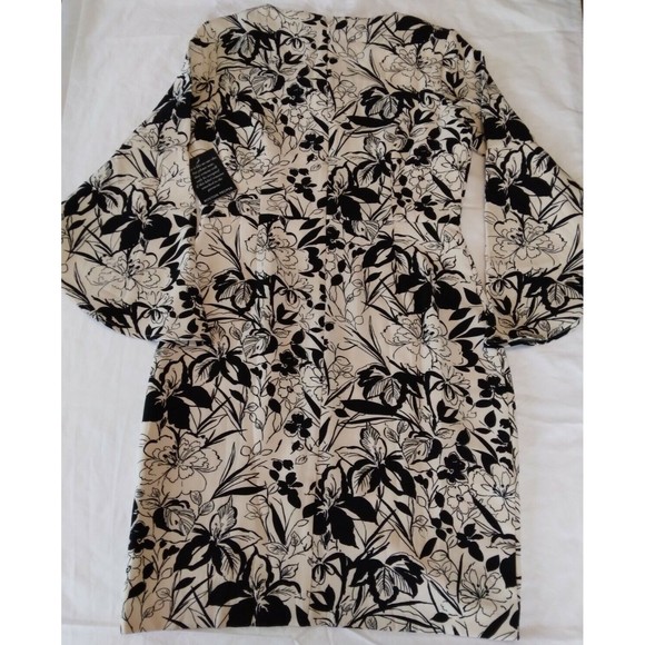 Boston Proper Black & Cream Floral Embellished Trumpet Sleeve Dress Size 4 - Picture 6 of 9